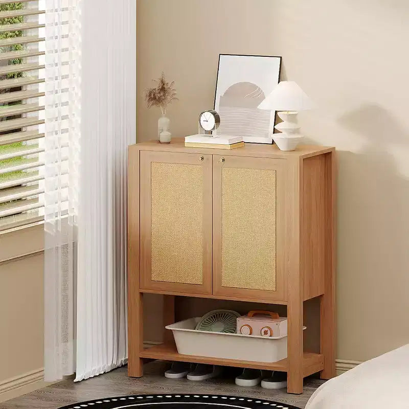 Meuble à chaussures en rotin pour entrée, étagère de rangement de ferme à 5 niveaux, armoire à chaussures étroite avec 2 portes et étagère ouverte pour couloir et salon