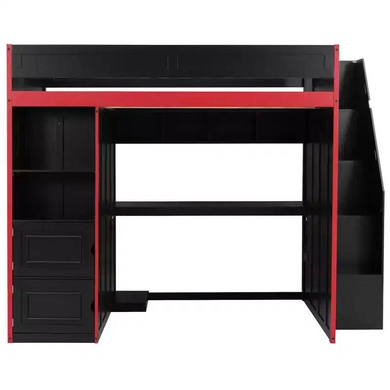 Lit mezzanine de jeu double/complet avec bureau et escalier de rangement, lit mezzanine en bois massif avec lumières LED, armoire et étagères, lit de jeu peu encombrant