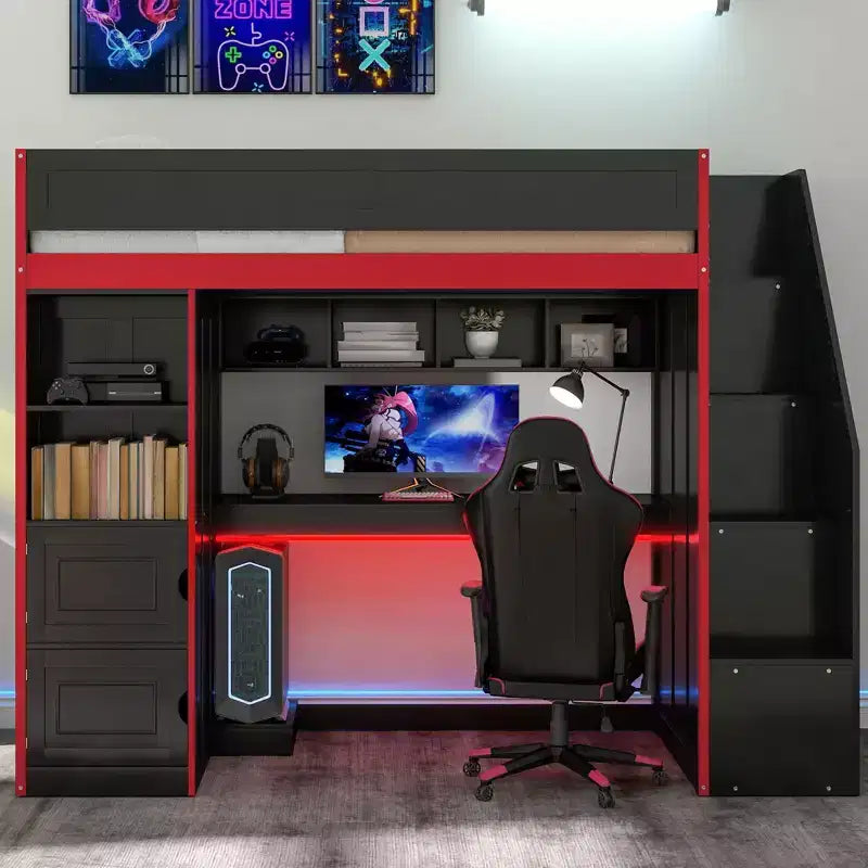 Lit mezzanine de jeu double/complet avec bureau et escalier de rangement, lit mezzanine en bois massif avec lumières LED, armoire et étagères, lit de jeu peu encombrant