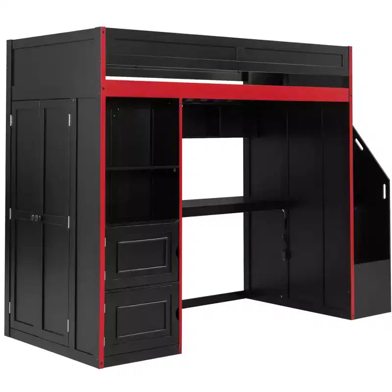 Lit mezzanine de jeu double/complet avec bureau et escalier de rangement, lit mezzanine en bois massif avec lumières LED, armoire et étagères, lit de jeu peu encombrant
