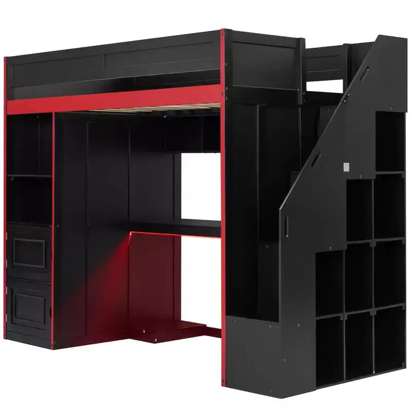 Lit mezzanine de jeu double/complet avec bureau et escalier de rangement, lit mezzanine en bois massif avec lumières LED, armoire et étagères, lit de jeu peu encombrant