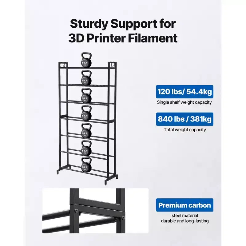 Support de rangement robuste pour filament d'imprimante 3D à 7 niveaux, étagères pour bobines de filament (support seul), noir