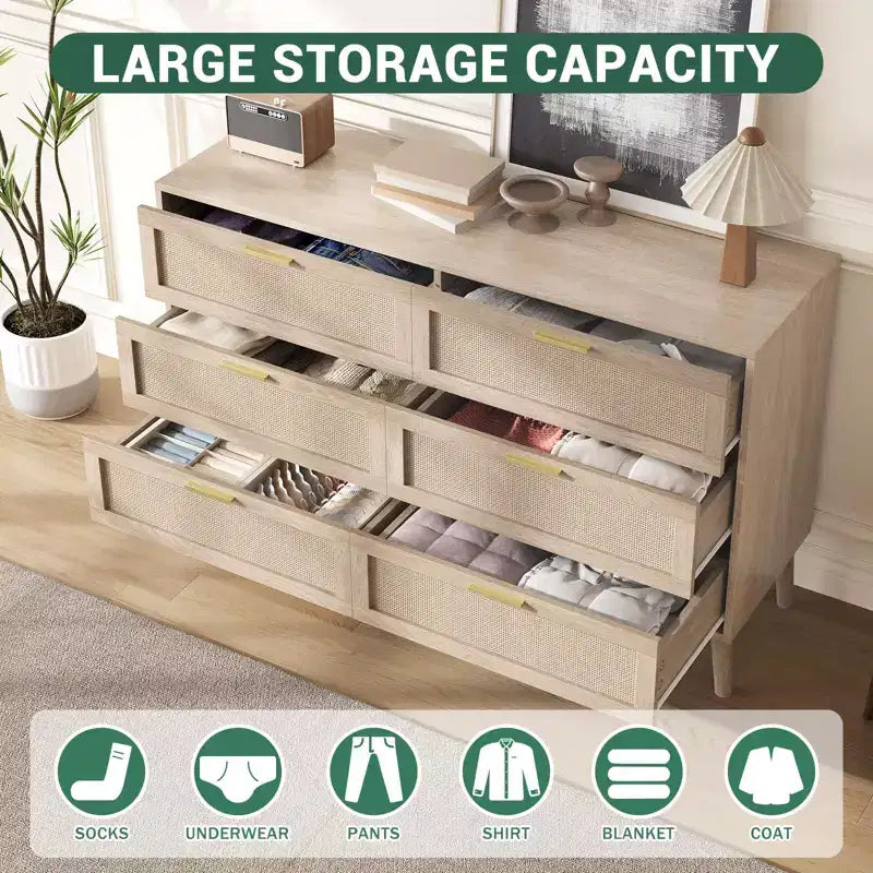 Commode à 6 tiroirs en rotin avec poignées en métal doré, commode de style rustique avec 5 pieds robustes pour chambre à coucher, salon, couloir et entrée