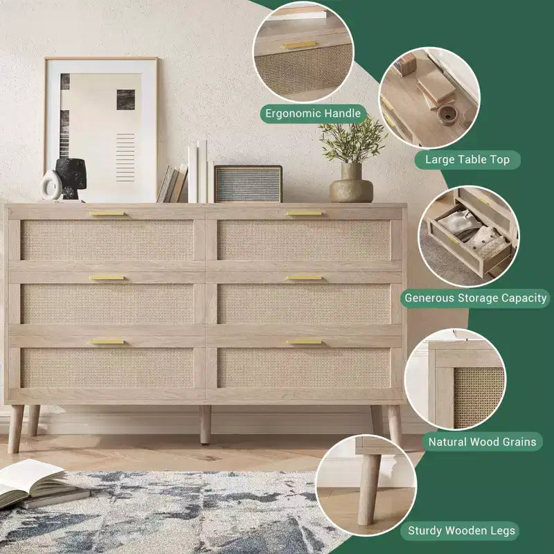 Commode à 6 tiroirs en rotin avec poignées en métal doré, commode de style rustique avec 5 pieds robustes pour chambre à coucher, salon, couloir et entrée