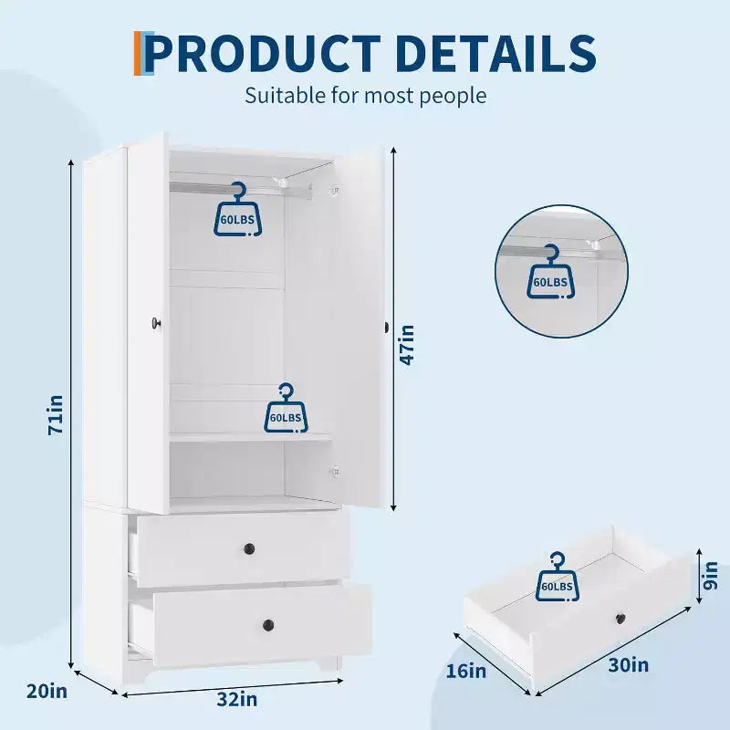 Armoire, Armoire de Rangement pour Vêtements en Bois de 71", 1 Étagère Réglable et 2 Tiroirs, Armoire avec Tringle pour Chambre à Coucher