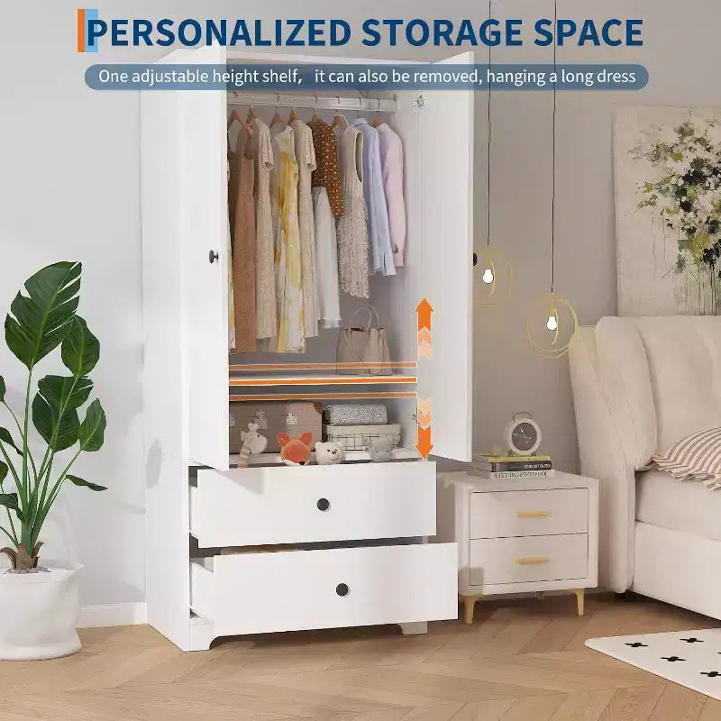 Armoire, Armoire de Rangement pour Vêtements en Bois de 71", 1 Étagère Réglable et 2 Tiroirs, Armoire avec Tringle pour Chambre à Coucher