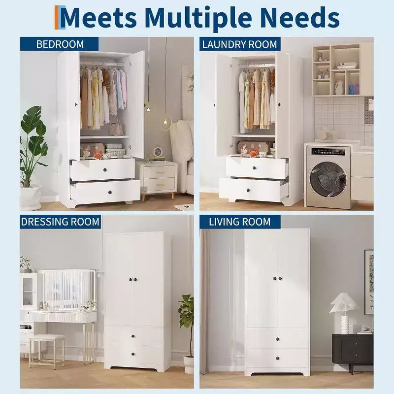 Armoire, Armoire de Rangement pour Vêtements en Bois de 71", 1 Étagère Réglable et 2 Tiroirs, Armoire avec Tringle pour Chambre à Coucher