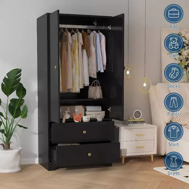 Armoire, Armoire de Rangement pour Vêtements en Bois de 71", 1 Étagère Réglable et 2 Tiroirs, Armoire avec Tringle pour Chambre à Coucher