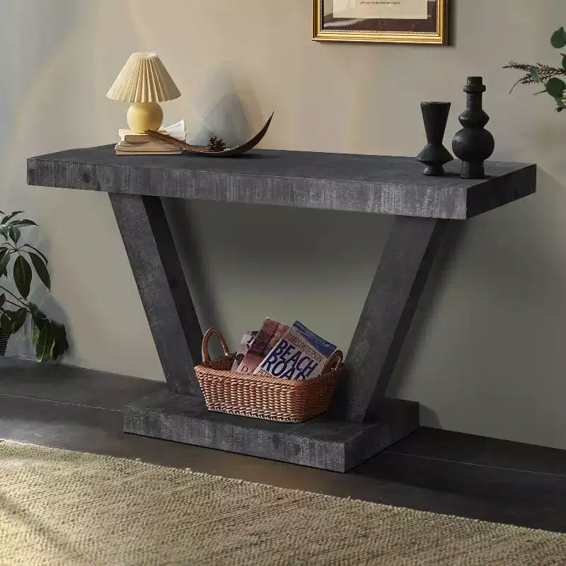 60" Vintage Distressed Wood Console Table with 2-Tier Storage Cabinet