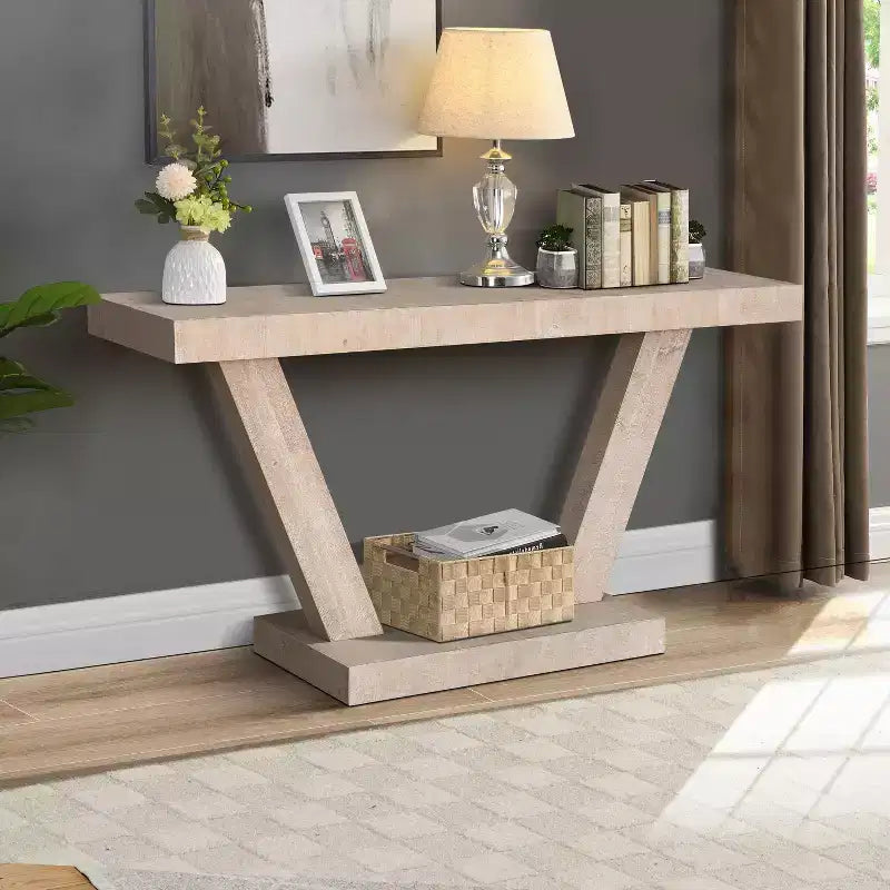 60" Vintage Distressed Wood Console Table with 2-Tier Storage Cabinet