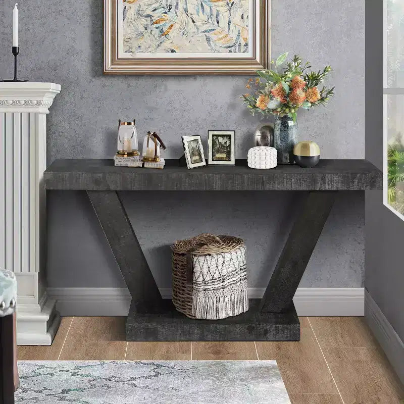 60" Vintage Distressed Wood Console Table with 2-Tier Storage Cabinet