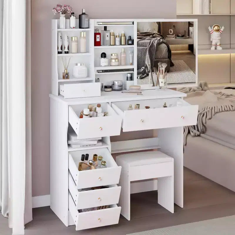 Table de toilette de 29,2/37 pouces avec tabouret rembourré, coiffeuse de grande capacité avec plusieurs couches, bureau de maquillage pour petit espace