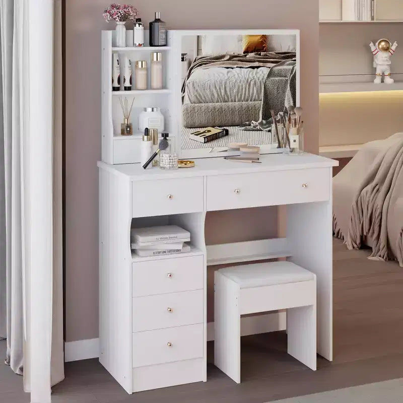 Table de toilette de 29,2/37 pouces avec tabouret rembourré, coiffeuse de grande capacité avec plusieurs couches, bureau de maquillage pour petit espace