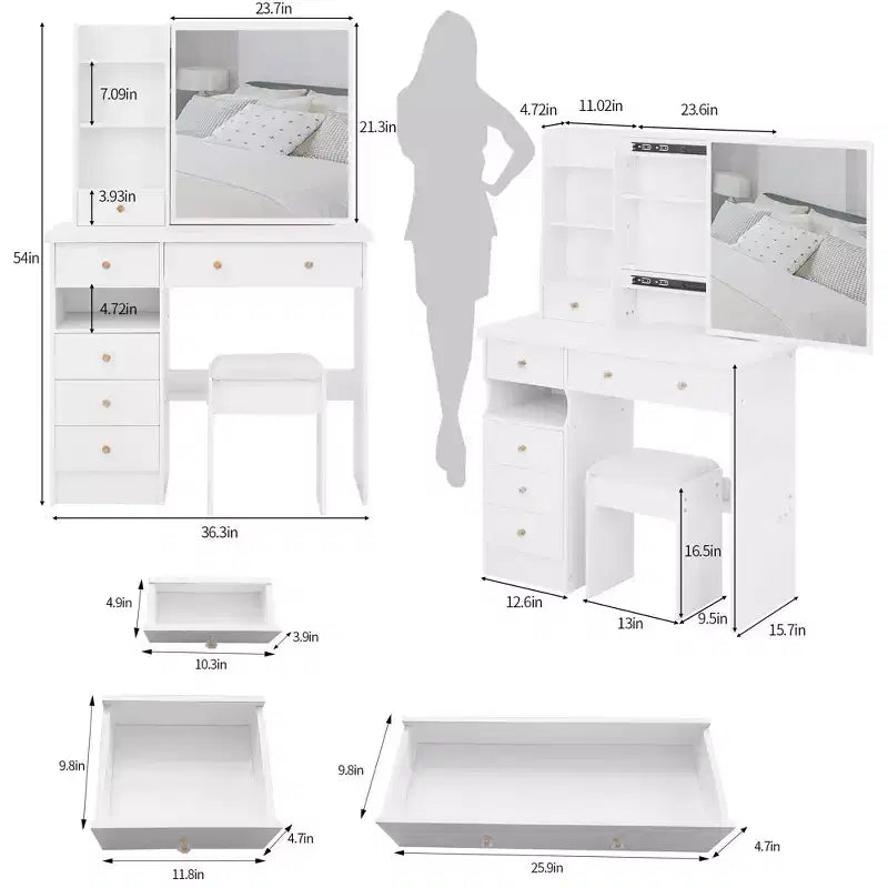 Table de toilette de 29,2/37 pouces avec tabouret rembourré, coiffeuse de grande capacité avec plusieurs couches, bureau de maquillage pour petit espace
