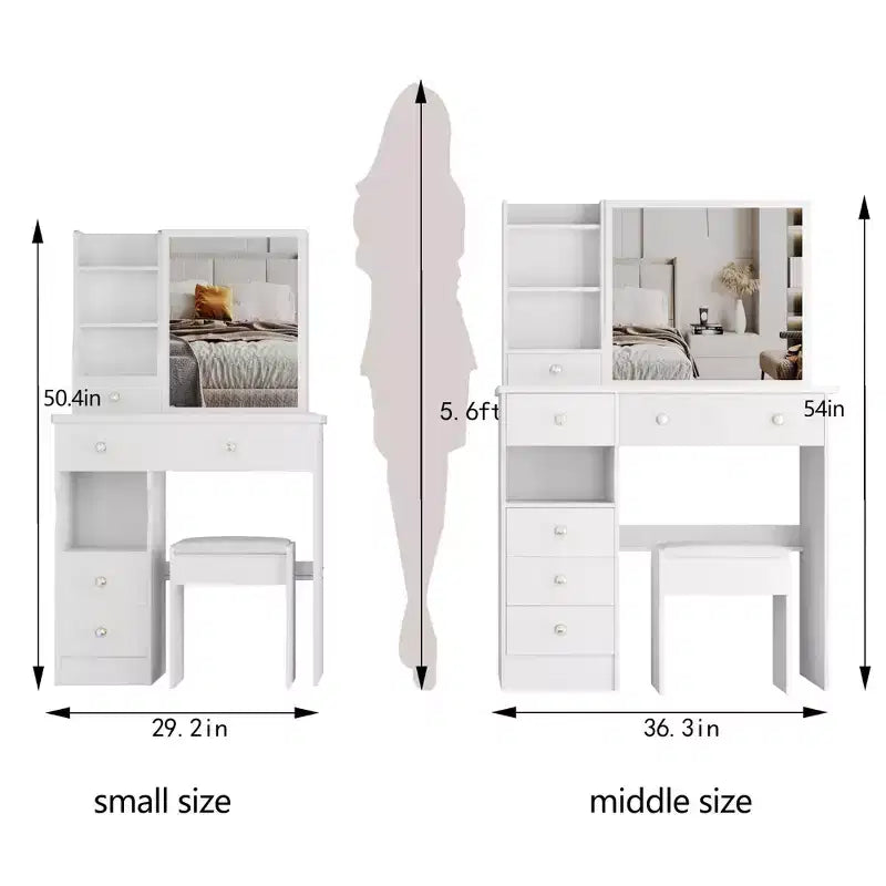 Table de toilette de 29,2/37 pouces avec tabouret rembourré, coiffeuse de grande capacité avec plusieurs couches, bureau de maquillage pour petit espace