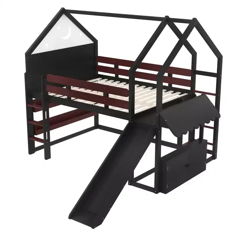 Lit mezzanine enfant pleine grandeur avec toboggan et étagère, cadre de lit mezzanine en bois massif avec échelle convertible pour cabane d'enfants