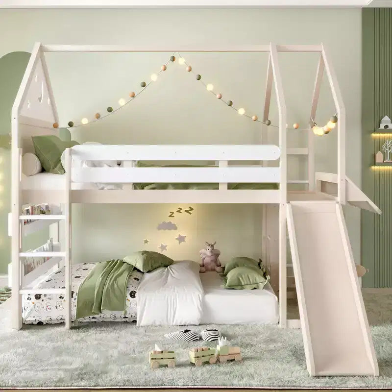 Lit mezzanine enfant pleine grandeur avec toboggan et étagère, cadre de lit mezzanine en bois massif avec échelle convertible pour cabane d'enfants