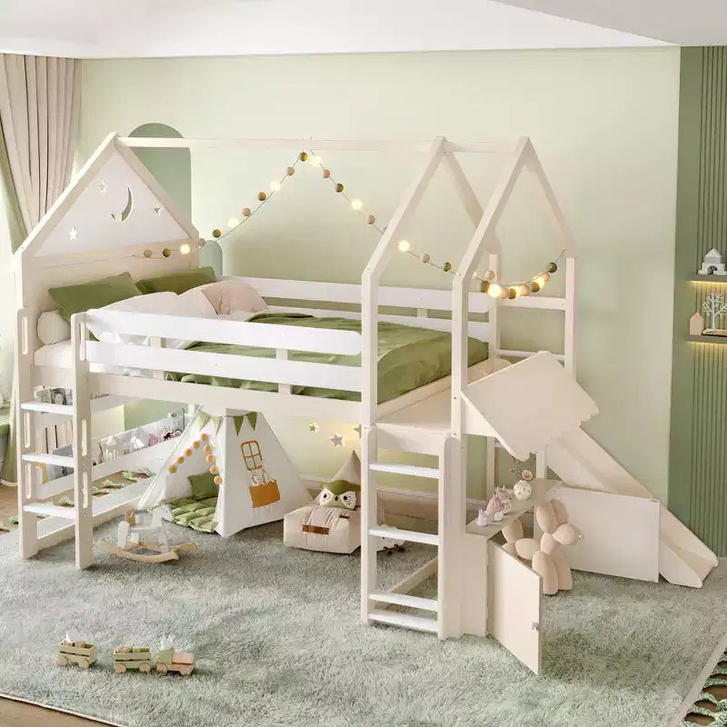 Lit mezzanine enfant pleine grandeur avec toboggan et étagère, cadre de lit mezzanine en bois massif avec échelle convertible pour cabane d'enfants