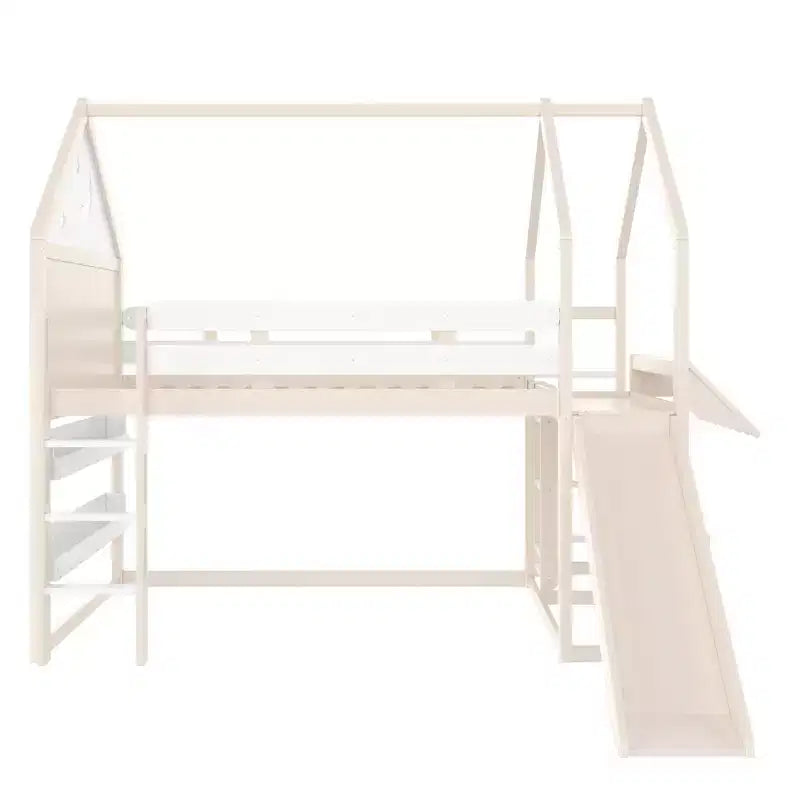 Lit mezzanine enfant pleine grandeur avec toboggan et étagère, cadre de lit mezzanine en bois massif avec échelle convertible pour cabane d'enfants