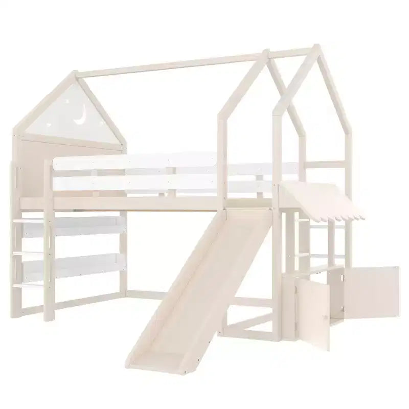 Lit mezzanine enfant pleine grandeur avec toboggan et étagère, cadre de lit mezzanine en bois massif avec échelle convertible pour cabane d'enfants