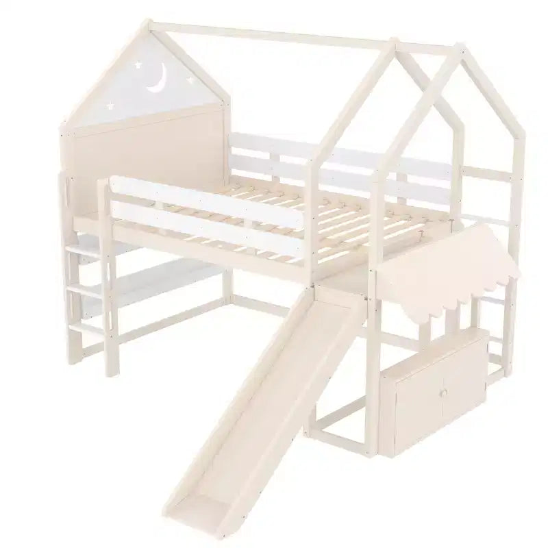 Lit mezzanine enfant pleine grandeur avec toboggan et étagère, cadre de lit mezzanine en bois massif avec échelle convertible pour cabane d'enfants