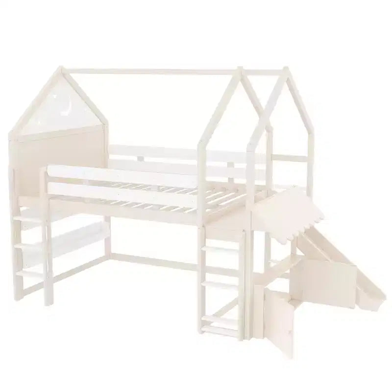 Lit mezzanine enfant pleine grandeur avec toboggan et étagère, cadre de lit mezzanine en bois massif avec échelle convertible pour cabane d'enfants