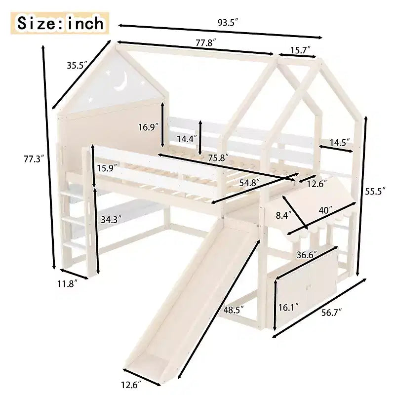 Lit mezzanine enfant pleine grandeur avec toboggan et étagère, cadre de lit mezzanine en bois massif avec échelle convertible pour cabane d'enfants