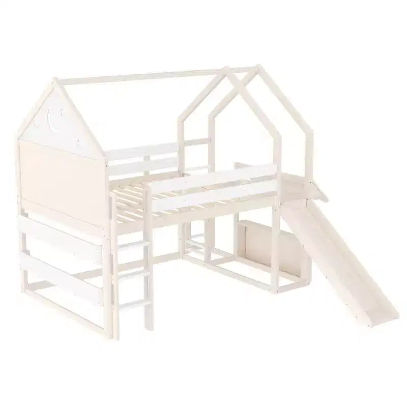 Lit mezzanine enfant pleine grandeur avec toboggan et étagère, cadre de lit mezzanine en bois massif avec échelle convertible pour cabane d'enfants