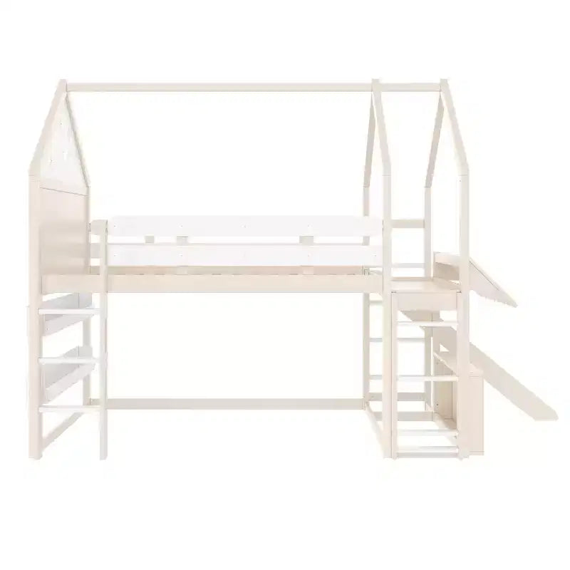 Lit mezzanine enfant pleine grandeur avec toboggan et étagère, cadre de lit mezzanine en bois massif avec échelle convertible pour cabane d'enfants
