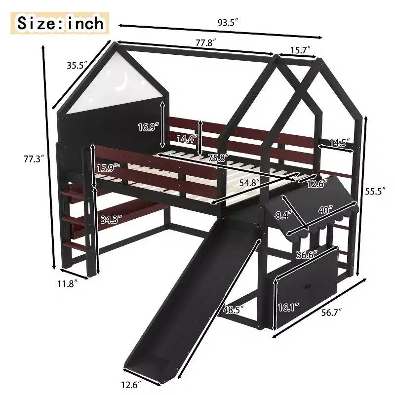 Lit mezzanine enfant pleine grandeur avec toboggan et étagère, cadre de lit mezzanine en bois massif avec échelle convertible pour cabane d'enfants