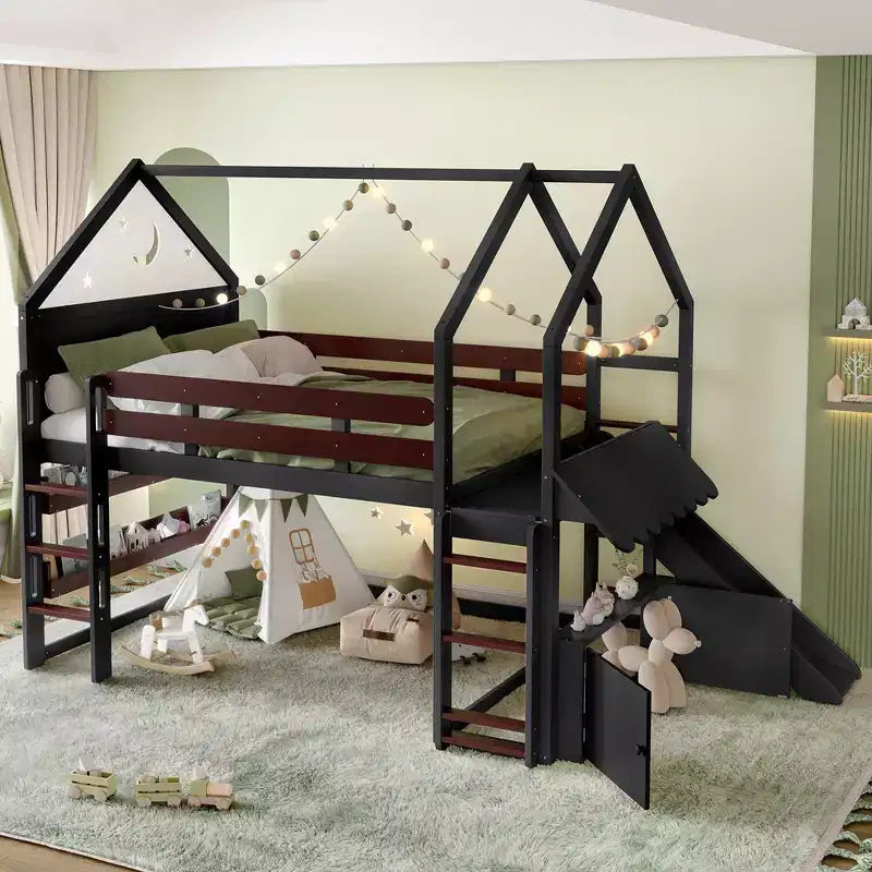 Lit mezzanine enfant pleine grandeur avec toboggan et étagère, cadre de lit mezzanine en bois massif avec échelle convertible pour cabane d'enfants