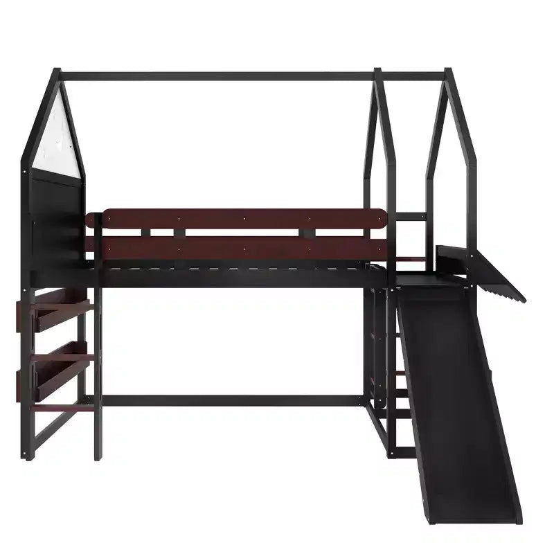 Lit mezzanine enfant pleine grandeur avec toboggan et étagère, cadre de lit mezzanine en bois massif avec échelle convertible pour cabane d'enfants