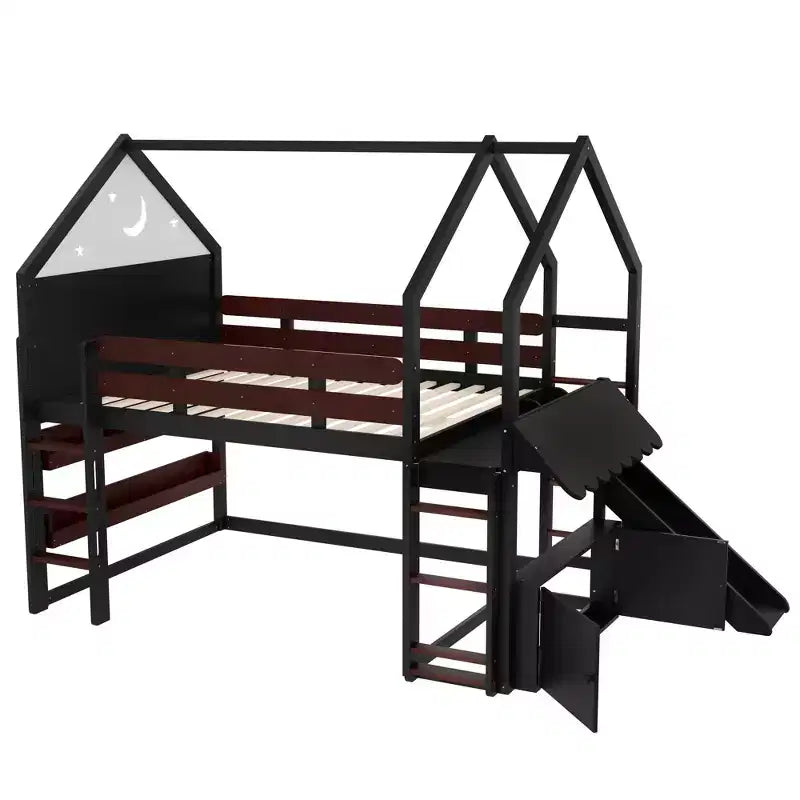Lit mezzanine enfant pleine grandeur avec toboggan et étagère, cadre de lit mezzanine en bois massif avec échelle convertible pour cabane d'enfants
