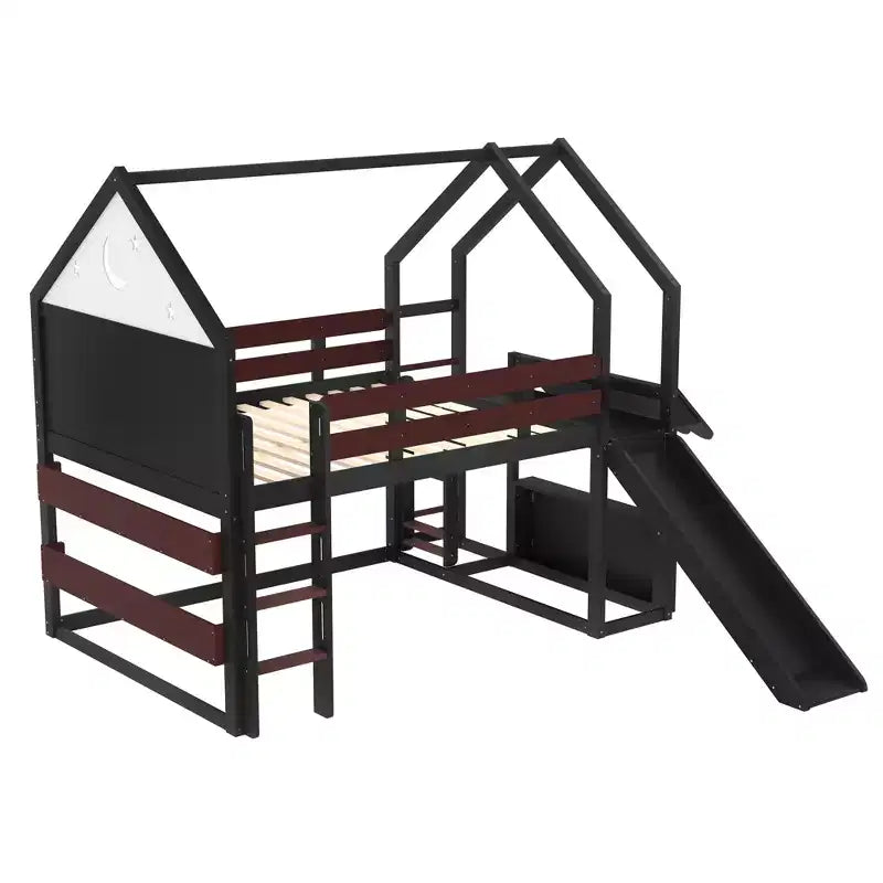 Lit mezzanine enfant pleine grandeur avec toboggan et étagère, cadre de lit mezzanine en bois massif avec échelle convertible pour cabane d'enfants