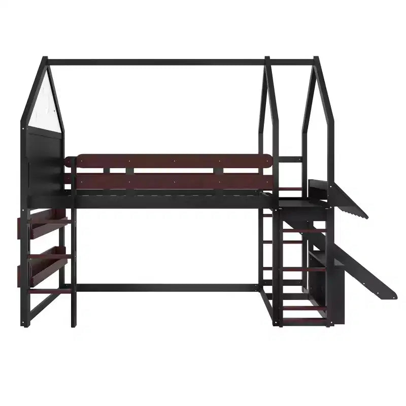 Lit mezzanine enfant pleine grandeur avec toboggan et étagère, cadre de lit mezzanine en bois massif avec échelle convertible pour cabane d'enfants