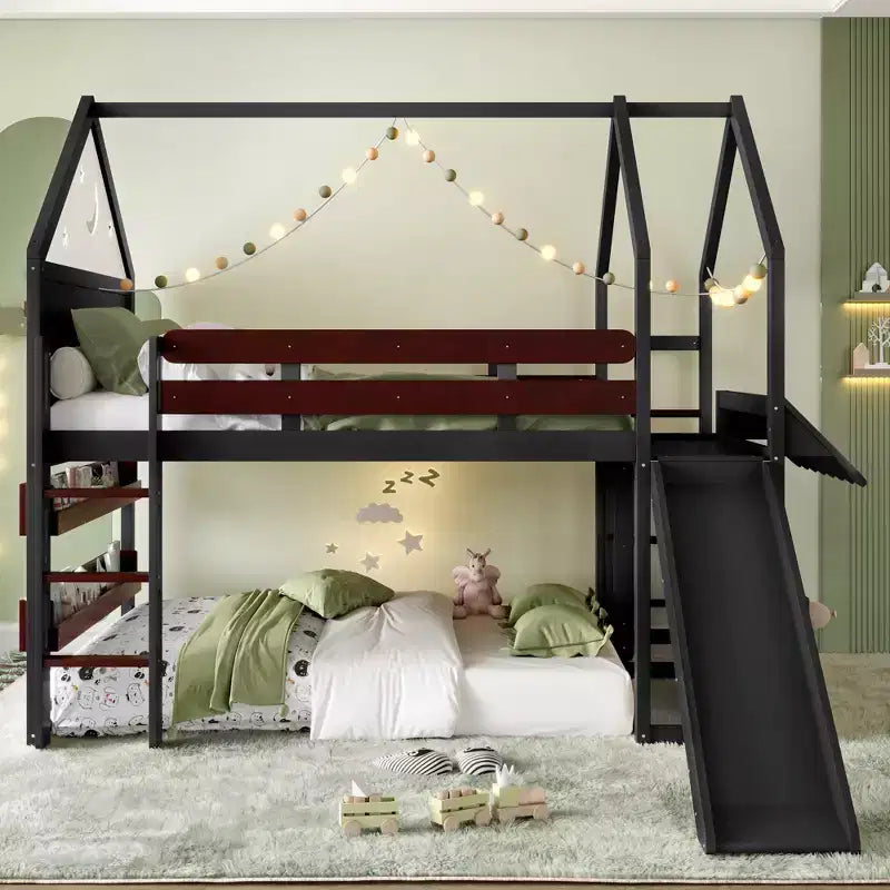 Lit mezzanine enfant pleine grandeur avec toboggan et étagère, cadre de lit mezzanine en bois massif avec échelle convertible pour cabane d'enfants