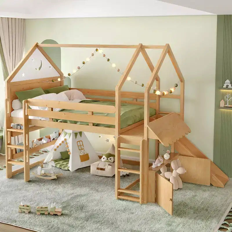 Lit mezzanine enfant pleine grandeur avec toboggan et étagère, cadre de lit mezzanine en bois massif avec échelle convertible pour cabane d'enfants