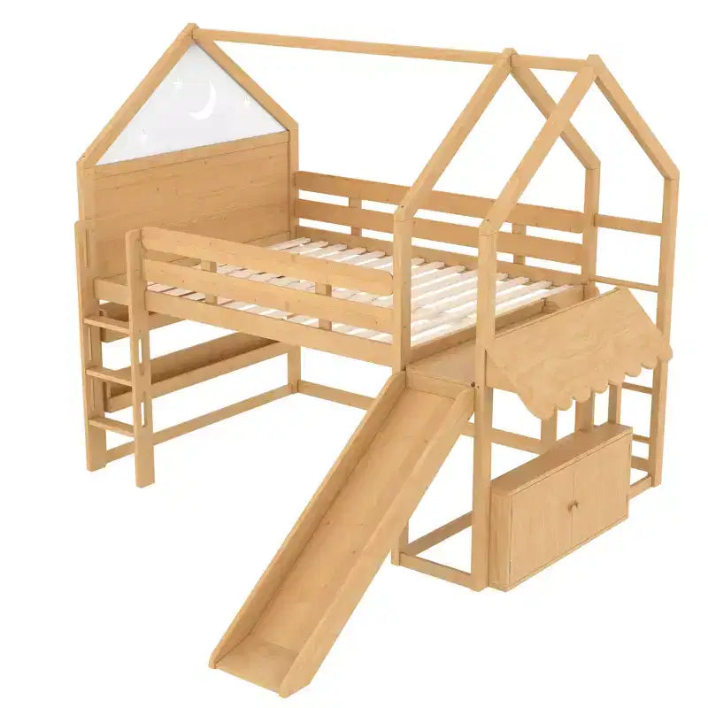 Lit mezzanine enfant pleine grandeur avec toboggan et étagère, cadre de lit mezzanine en bois massif avec échelle convertible pour cabane d'enfants