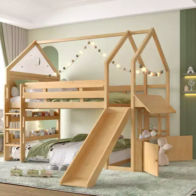 Lit mezzanine enfant pleine grandeur avec toboggan et étagère, cadre de lit mezzanine en bois massif avec échelle convertible pour cabane d'enfants