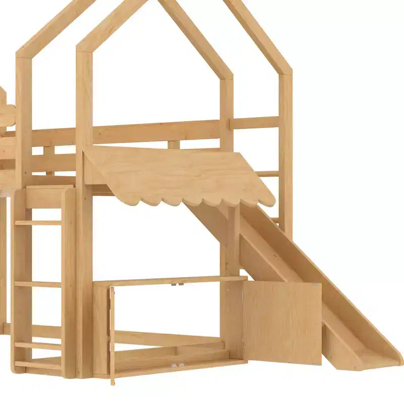 Lit mezzanine enfant pleine grandeur avec toboggan et étagère, cadre de lit mezzanine en bois massif avec échelle convertible pour cabane d'enfants