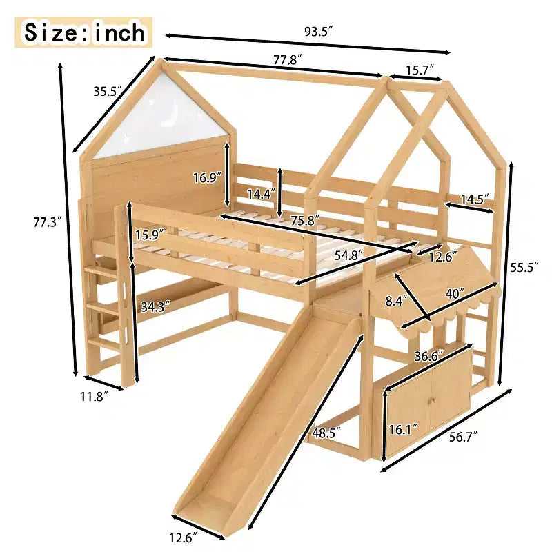 Lit mezzanine enfant pleine grandeur avec toboggan et étagère, cadre de lit mezzanine en bois massif avec échelle convertible pour cabane d'enfants