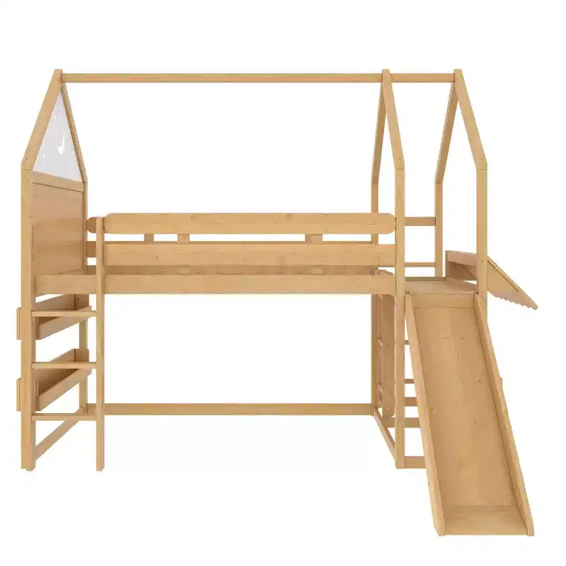 Lit mezzanine enfant pleine grandeur avec toboggan et étagère, cadre de lit mezzanine en bois massif avec échelle convertible pour cabane d'enfants
