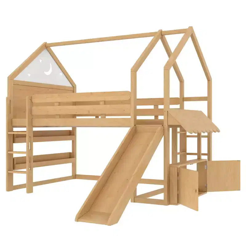 Lit mezzanine enfant pleine grandeur avec toboggan et étagère, cadre de lit mezzanine en bois massif avec échelle convertible pour cabane d'enfants