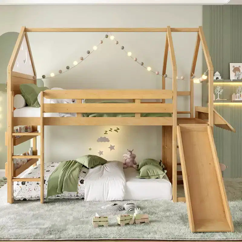Lit mezzanine enfant pleine grandeur avec toboggan et étagère, cadre de lit mezzanine en bois massif avec échelle convertible pour cabane d'enfants