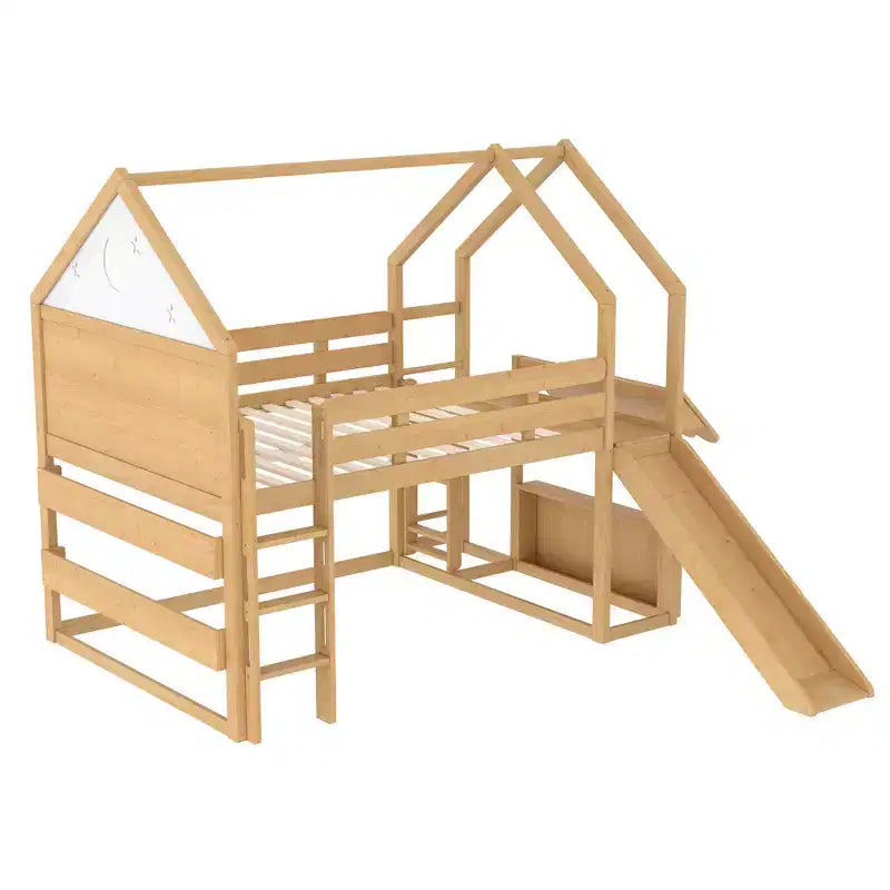Lit mezzanine enfant pleine grandeur avec toboggan et étagère, cadre de lit mezzanine en bois massif avec échelle convertible pour cabane d'enfants