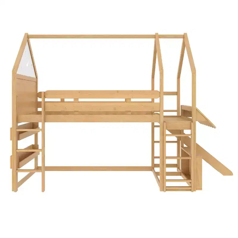 Lit mezzanine enfant pleine grandeur avec toboggan et étagère, cadre de lit mezzanine en bois massif avec échelle convertible pour cabane d'enfants
