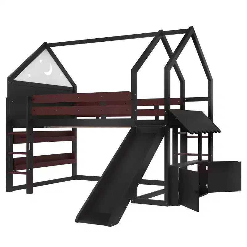 Lit mezzanine enfant pleine grandeur avec toboggan et étagère, cadre de lit mezzanine en bois massif avec échelle convertible pour cabane d'enfants