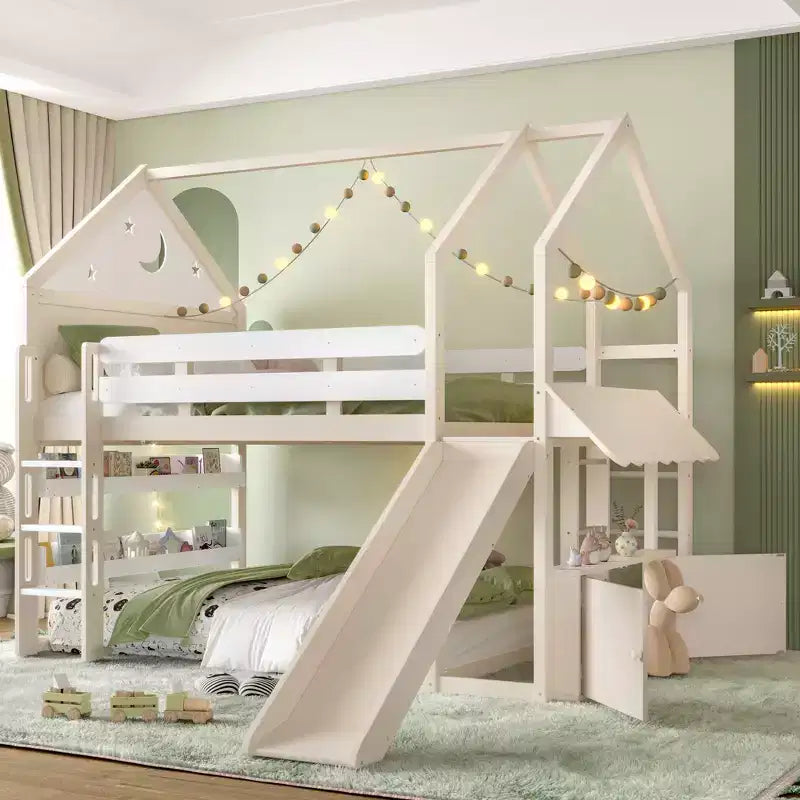 Lit mezzanine enfant pleine grandeur avec toboggan et étagère, cadre de lit mezzanine en bois massif avec échelle convertible pour cabane d'enfants