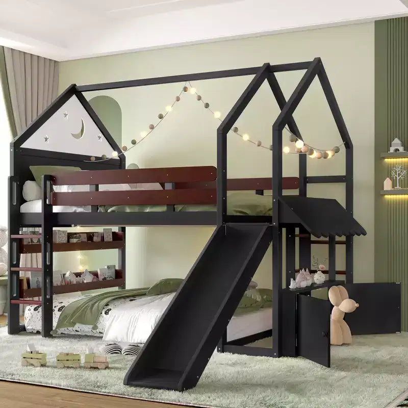 Lit mezzanine enfant pleine grandeur avec toboggan et étagère, cadre de lit mezzanine en bois massif avec échelle convertible pour cabane d'enfants