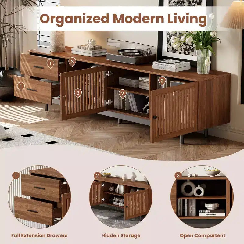 78" Modern TV Stand for 85" TVs with Deep Drawers, Cable Management — Walnut